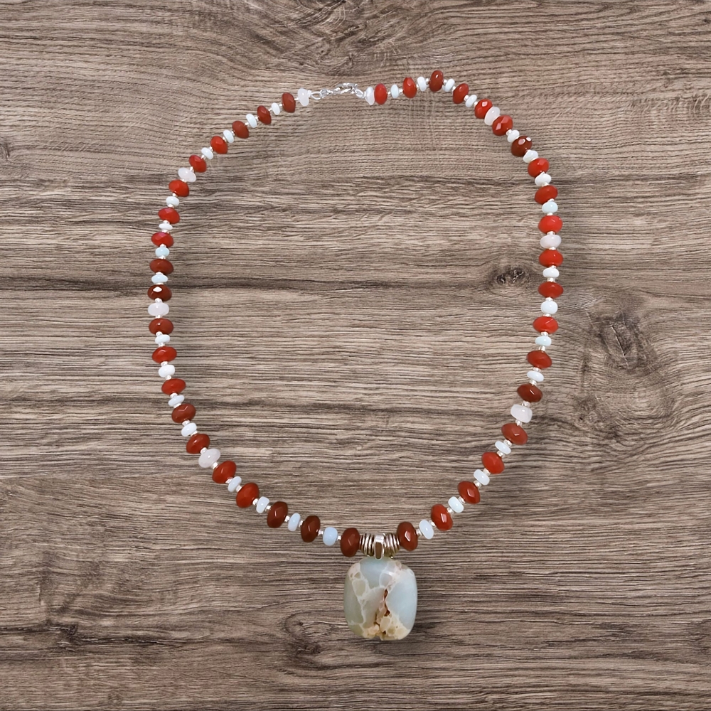 Elegant Jade, Blue Opal, and Moonstone Beaded Necklace with Calcite Pendant